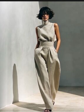 High-Waist Wide-Leg Sleeveless Jumpsuit in Light Beige